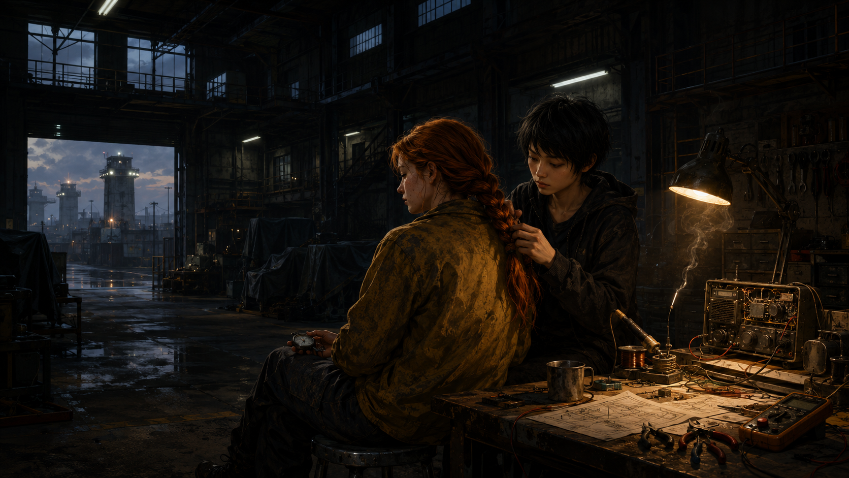 Two sisters in a warehouse at dawn